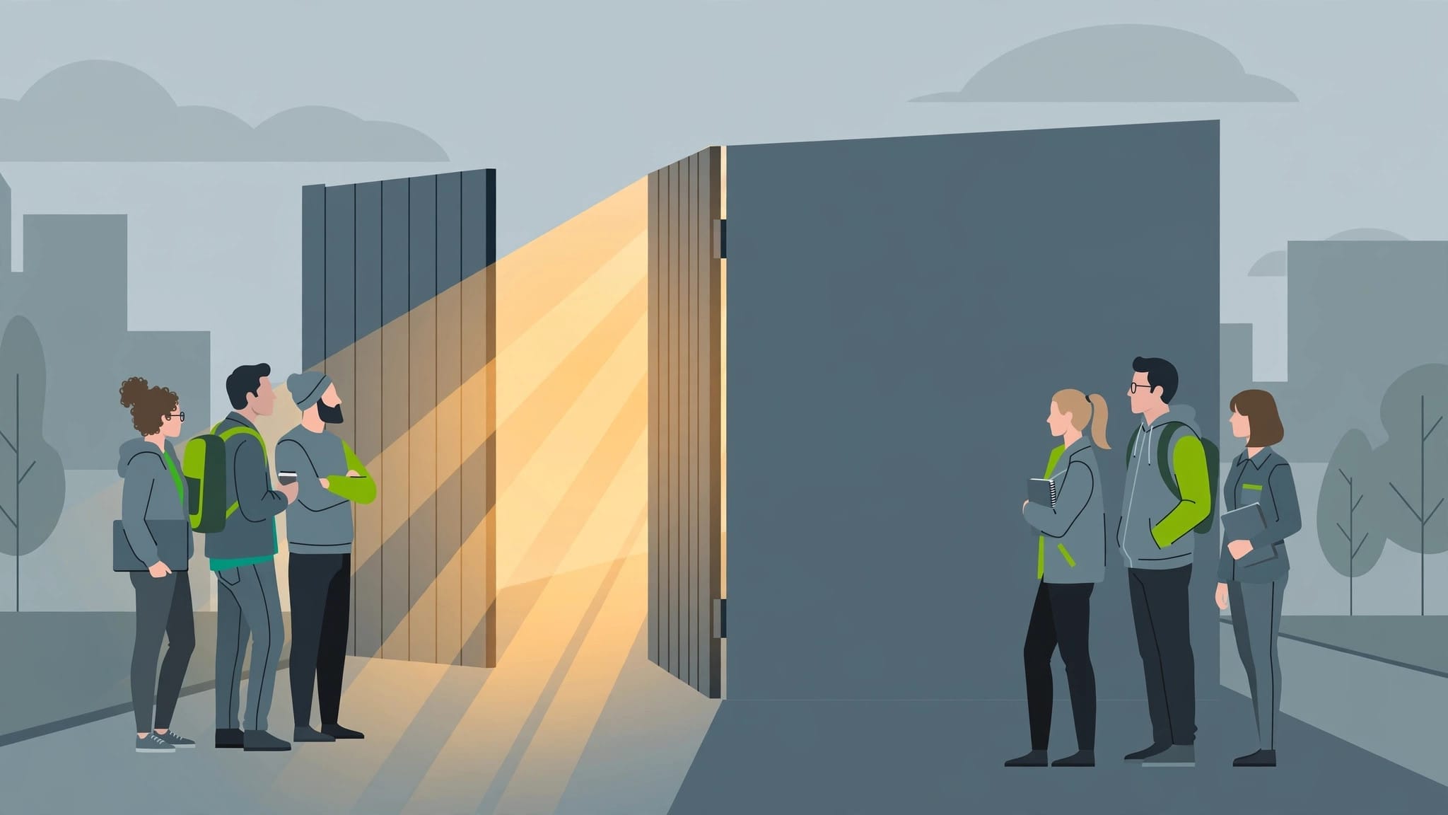 Open and closed AI illustrated as a half-open fence with light streaming through beside a solid wall