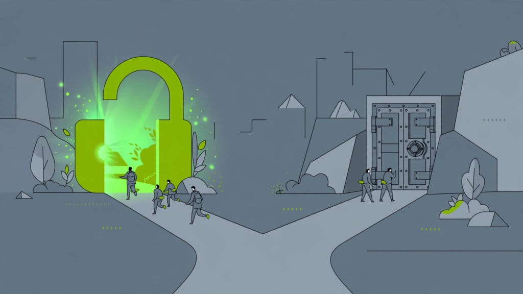 Open-weight versus closed AI models illustrated as an open glowing gate beside a sealed vault door