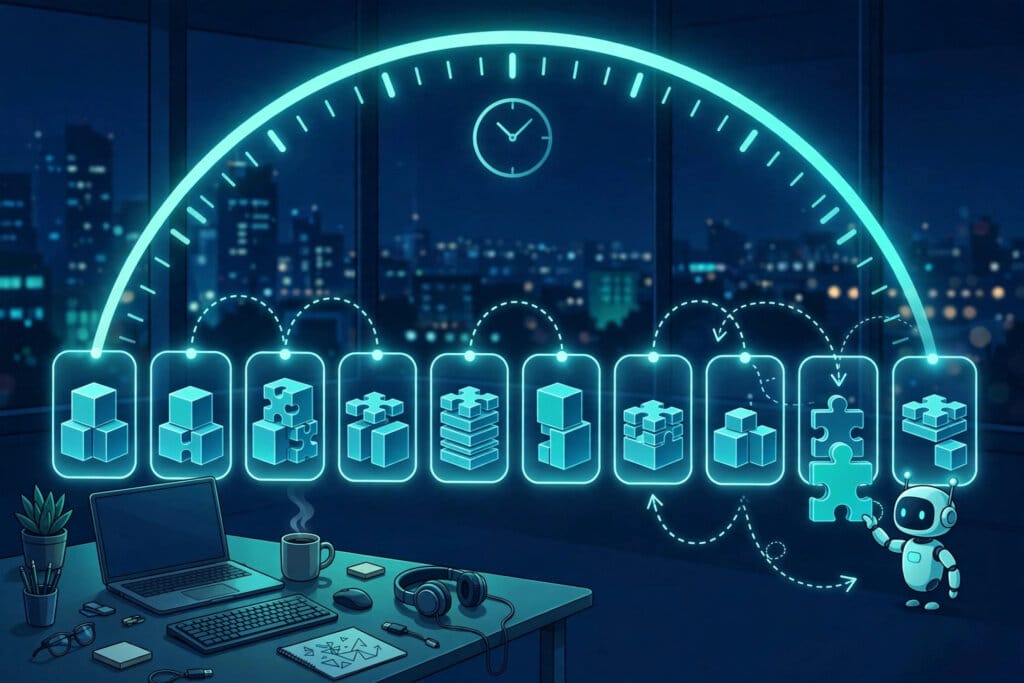 Developer workspace with a 12-hour timeline of reusable cached prompt blocks for OpenAI persistent agents