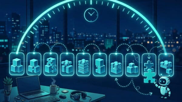 Developer workspace with a 12-hour timeline of reusable cached prompt blocks for OpenAI persistent agents