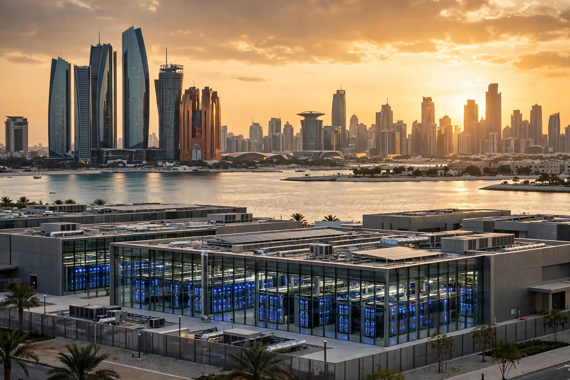 Abu Dhabi skyline and data centre campus as UAE investors lead OpenAI $30 billion round tied to computing capacity