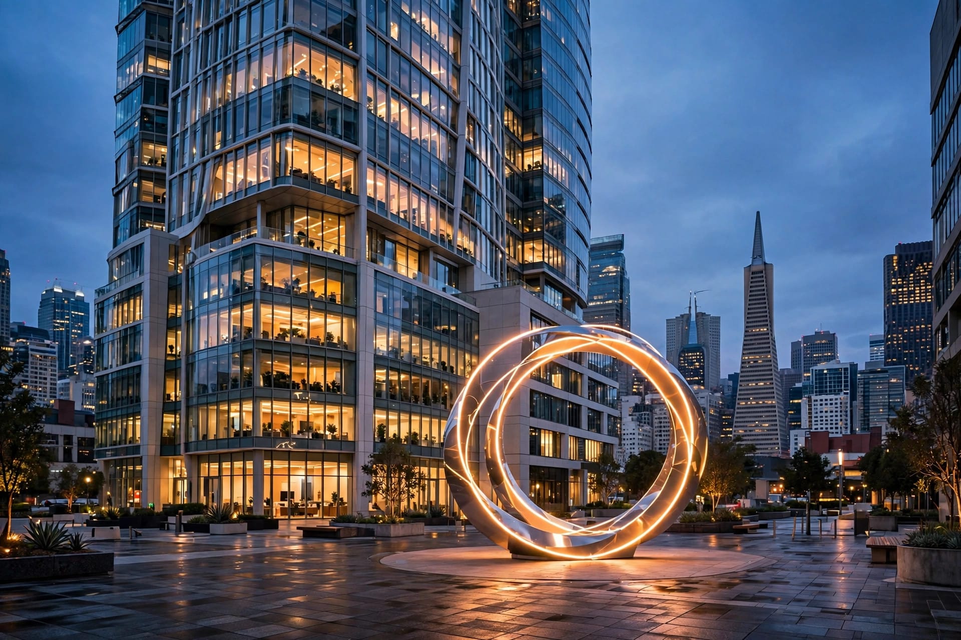 OpenAI headquarters tower at dusk during its $30 billion funding round at a $1.25 trillion valuation