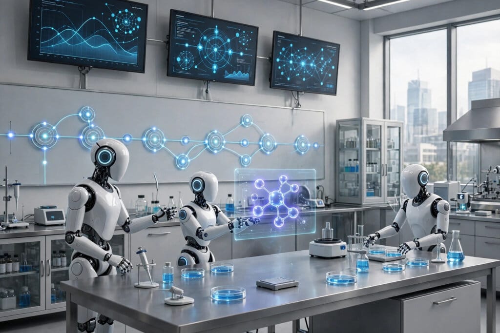 AI agent robots coordinating a drug development pipeline in a biotech laboratory for OpenAI Orchestra Bio
