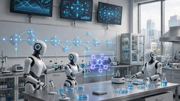 AI agent robots coordinating a drug development pipeline in a biotech laboratory for OpenAI Orchestra Bio