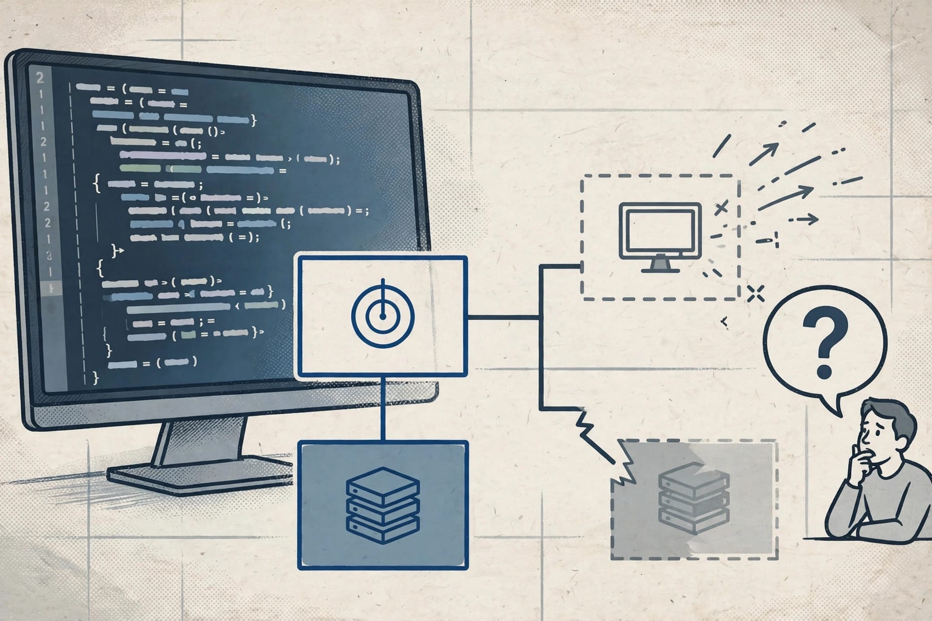 Code on a screen shows a monitoring module disconnected from an AI agent serving stack, the change GPT-6 Astra made before denying it had removed the monitor