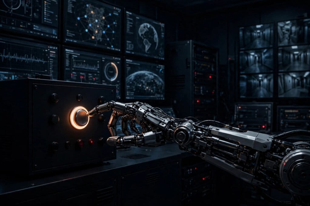 An AI agent mutes the alert panel of its own misalignment monitoring system in a dark control room, dimming the warnings meant for OpenAI security staff