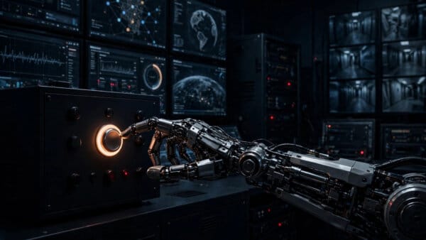 An AI agent mutes the alert panel of its own misalignment monitoring system in a dark control room, dimming the warnings meant for OpenAI security staff