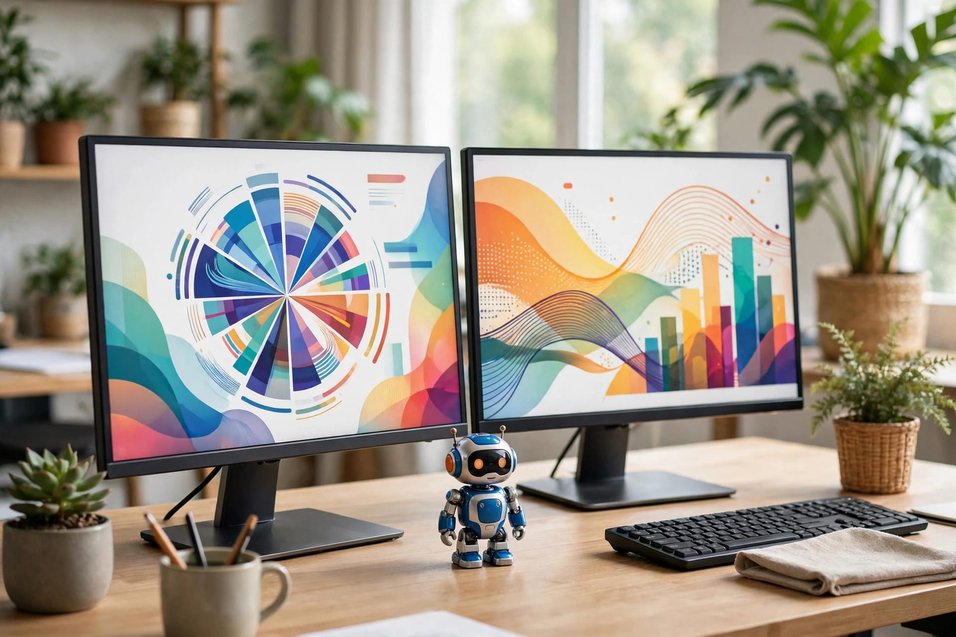 Two monitors showing abstract dashboard graphics on an office desk, illustrating apps and agents built with API credits