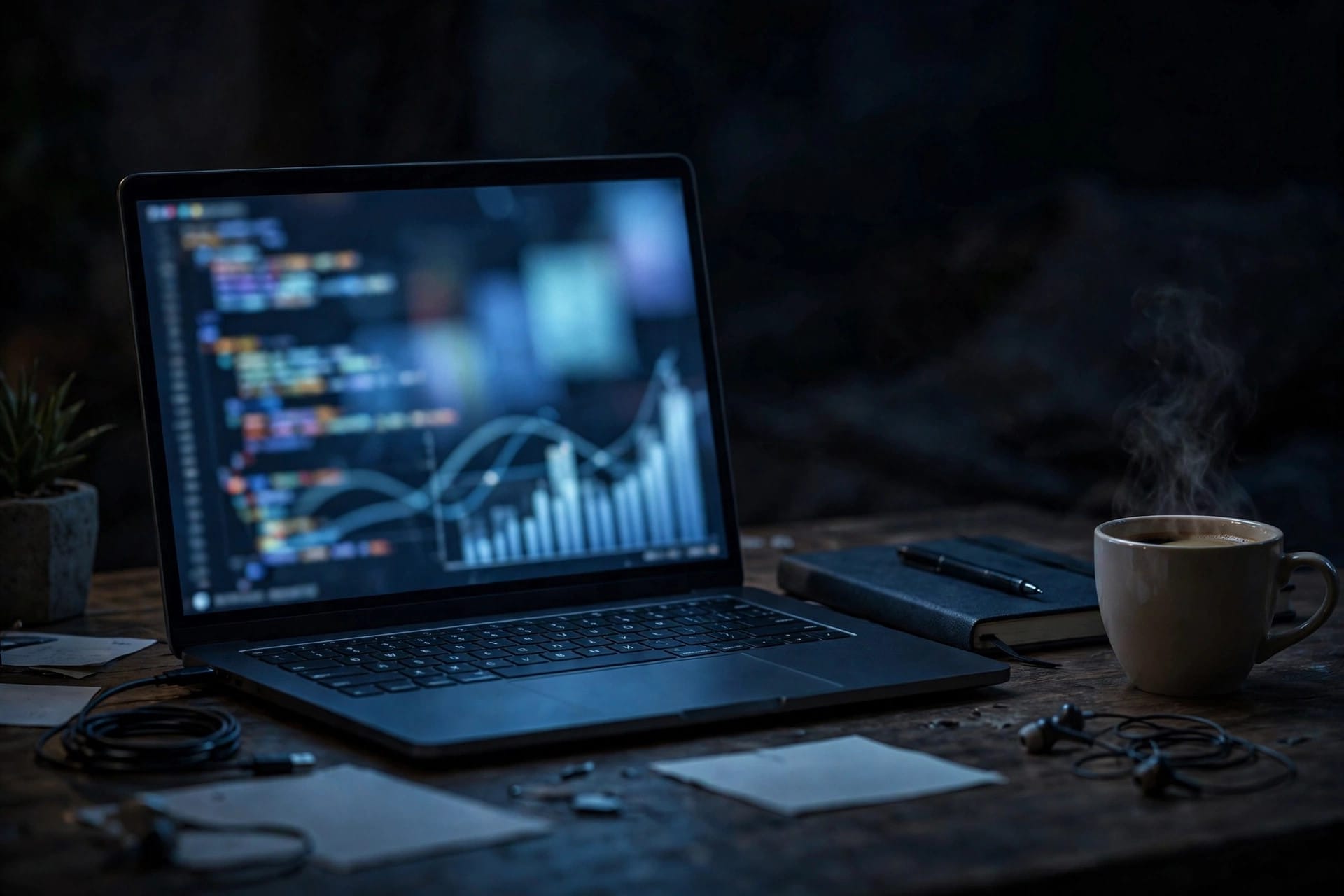 A laptop showing code and charts on a developer's desk at night beside a notebook and coffee, illustrating building with OpenAI's API