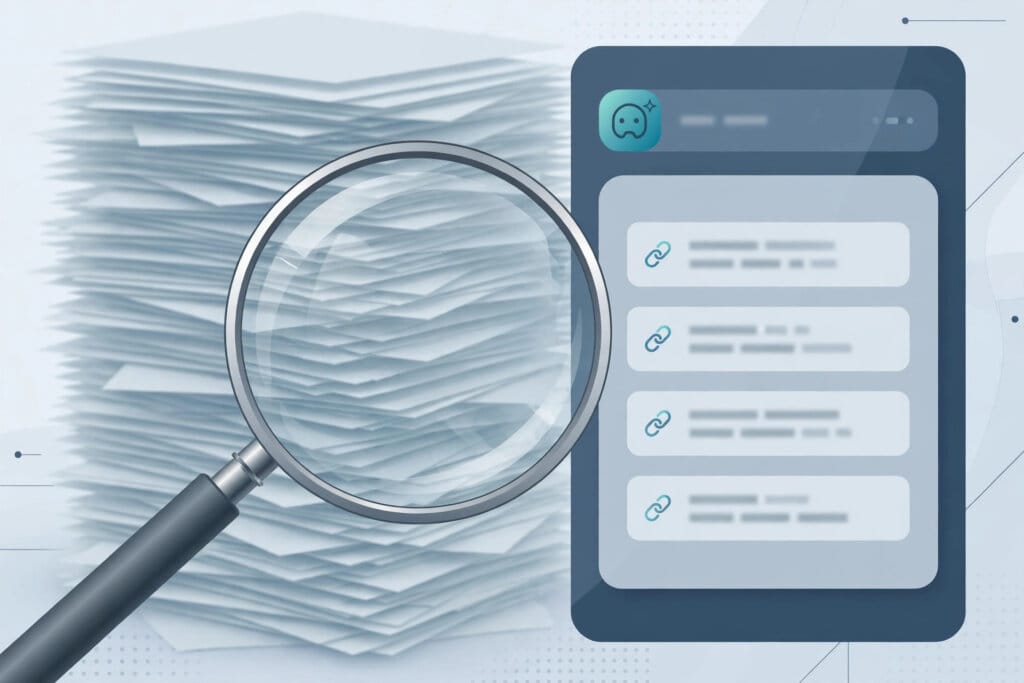 ChatGPT answer panel with a short citation list in front of a larger stack of unmatched web pages