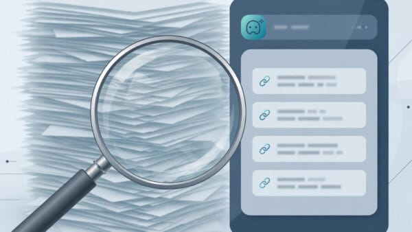 ChatGPT answer panel with a short citation list in front of a larger stack of unmatched web pages