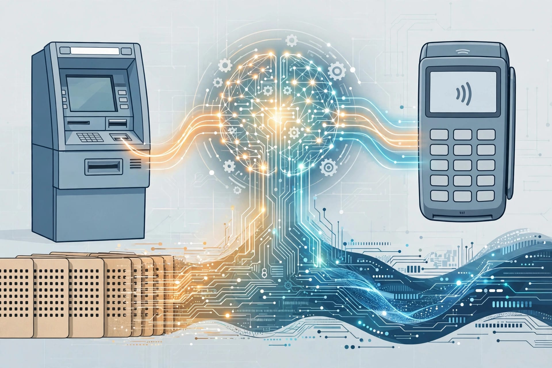 ATM and card terminal linked to an AI system rewriting the COBOL software behind banking