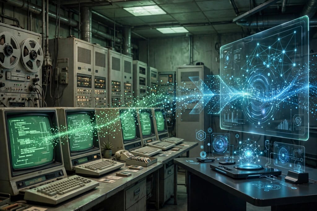 Mainframe room where OpenAI models translate legacy COBOL code into modern languages