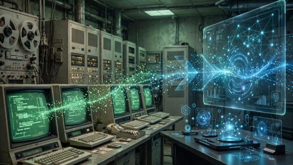 Mainframe room where OpenAI models translate legacy COBOL code into modern languages