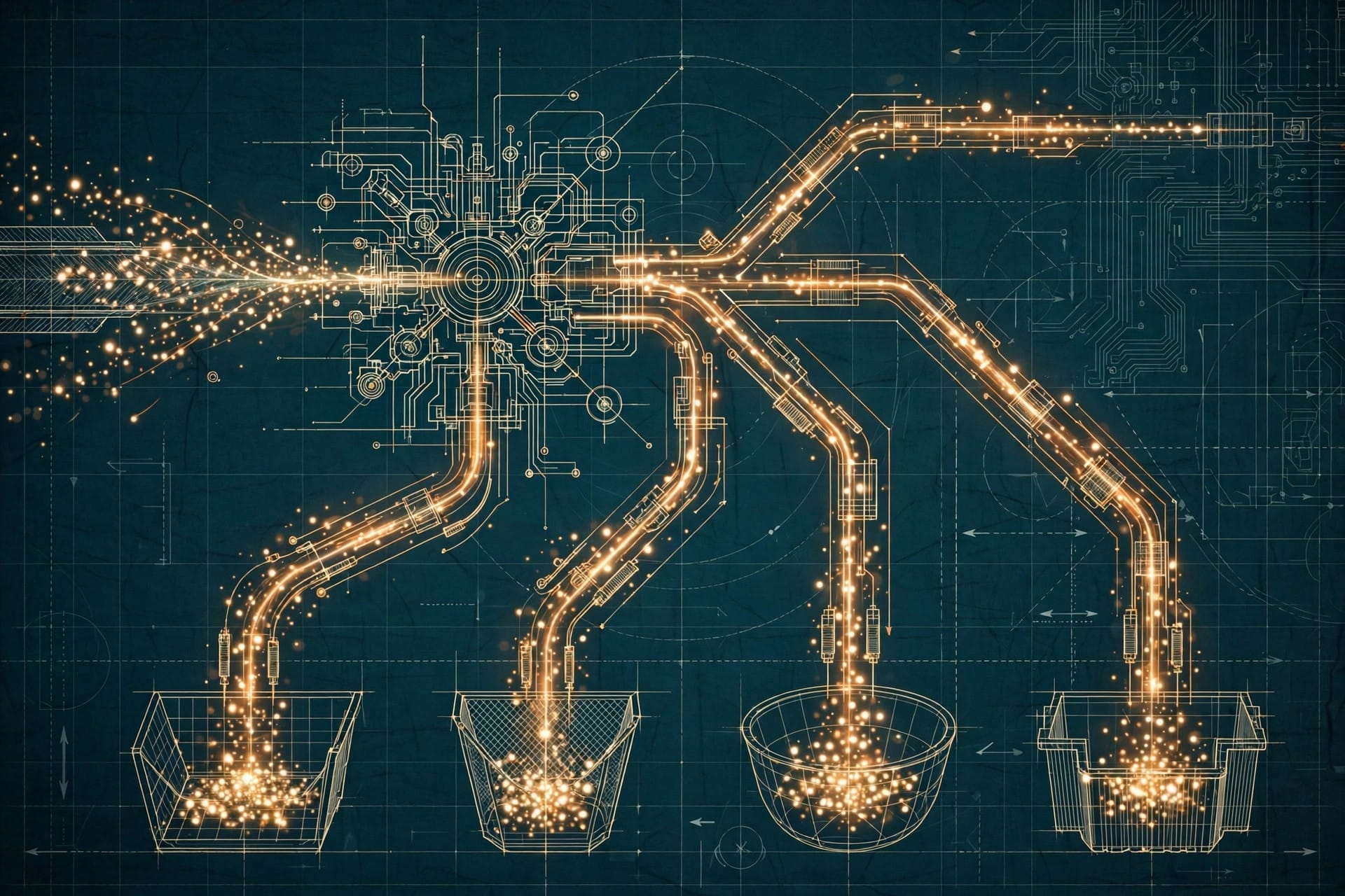 Illustration of a digital decision router: streams of light particles splitting into sorting buckets on a dark teal blueprint background