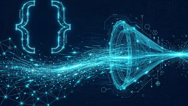 Abstract illustration of OpenAI Decisions API: a glowing code funnel sorting a fast data stream into typed answers on a dark navy background