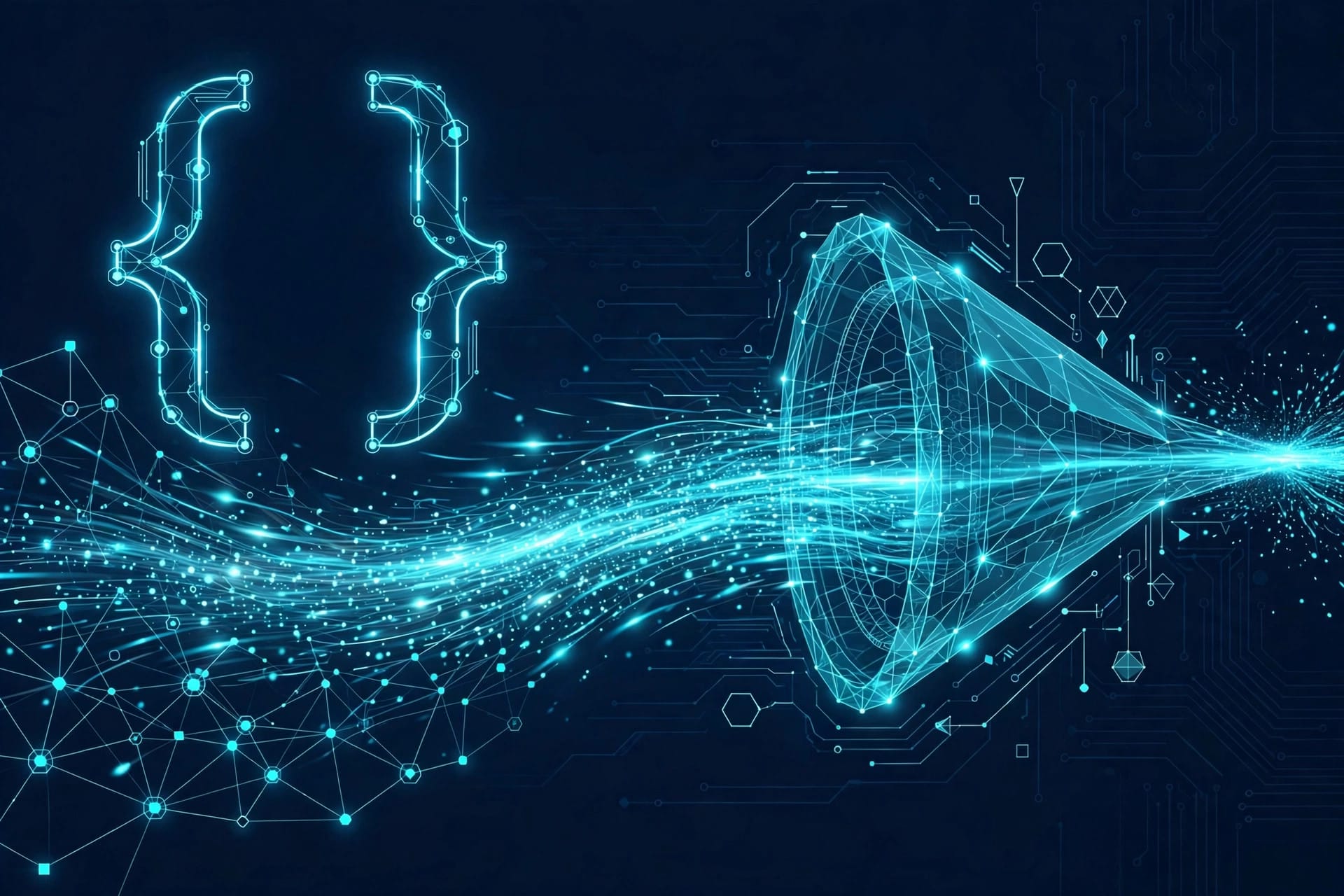 Abstract illustration of OpenAI Decisions API: a glowing code funnel sorting a fast data stream into typed answers on a dark navy background