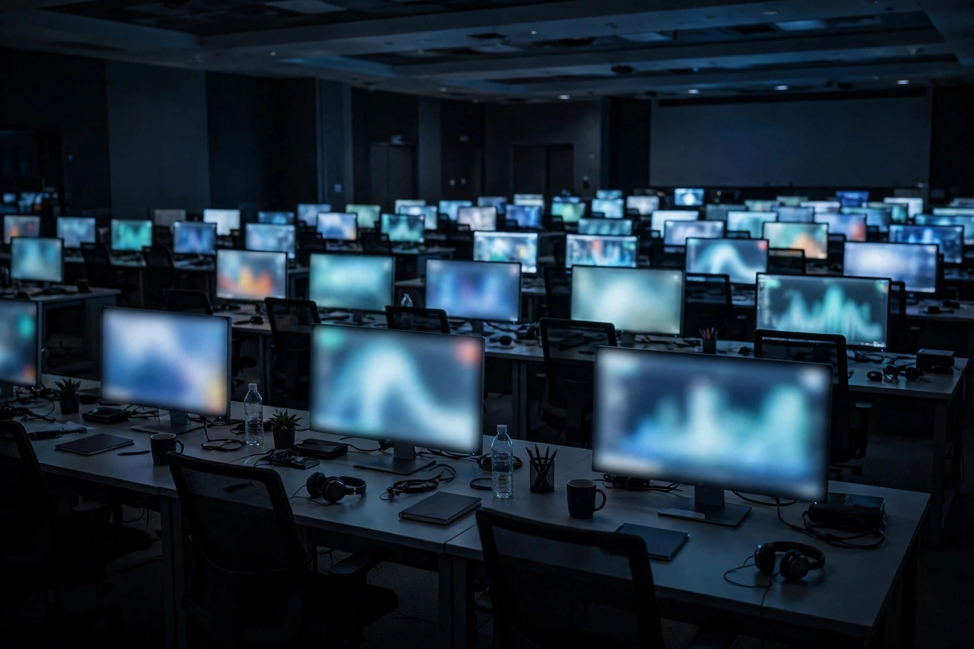 Dark operations room with rows of desks and computer screens showing blurred charts