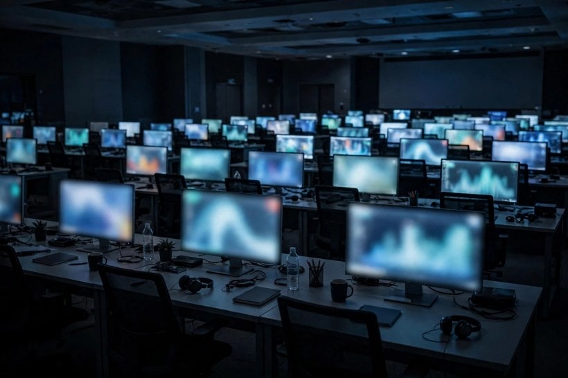 Dark operations room with rows of desks and computer screens showing blurred charts