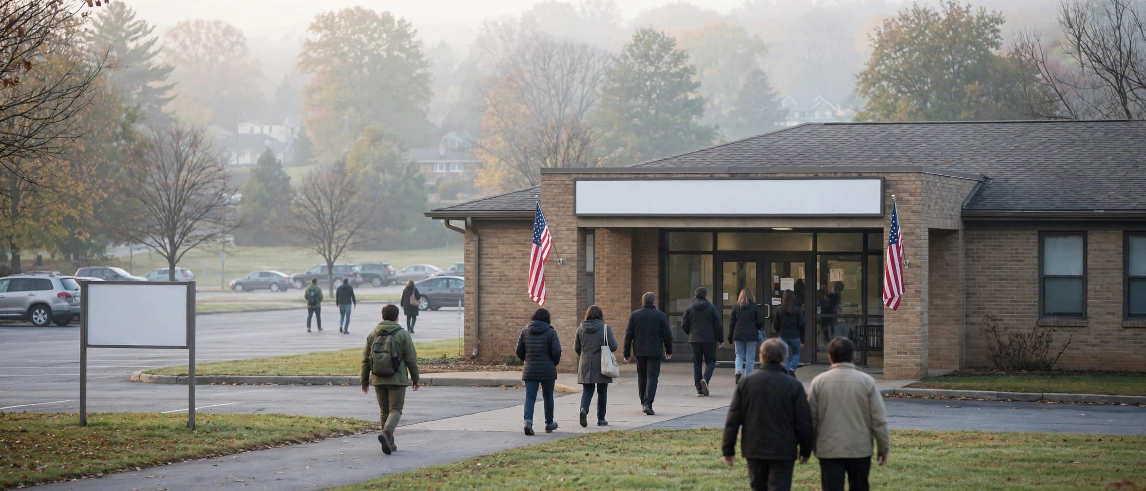 People walking toward a brick polling place building with flags beside the entrance on a misty morning
