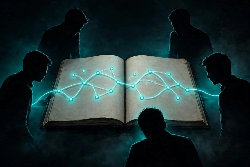 An open notebook with a glowing thread of reasoning steps watched by silhouettes — the chain-of-thought monitorability fight behind the OpenAI firings