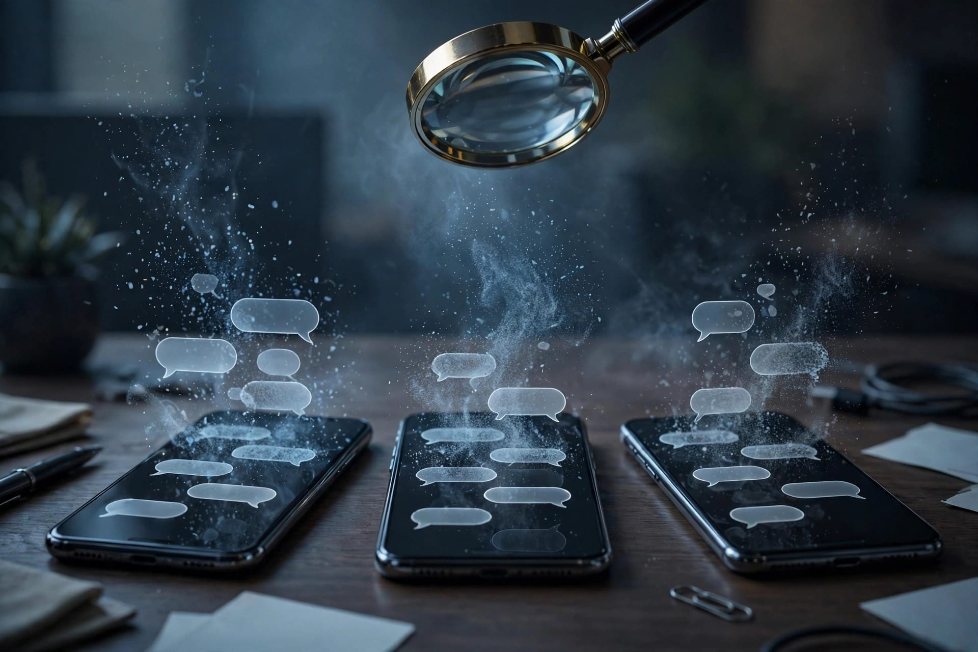 Three smartphones on a desk with chat bubbles dissolving under a magnifying glass — the disappearing Signal chats at the centre of OpenAI's leak investigation