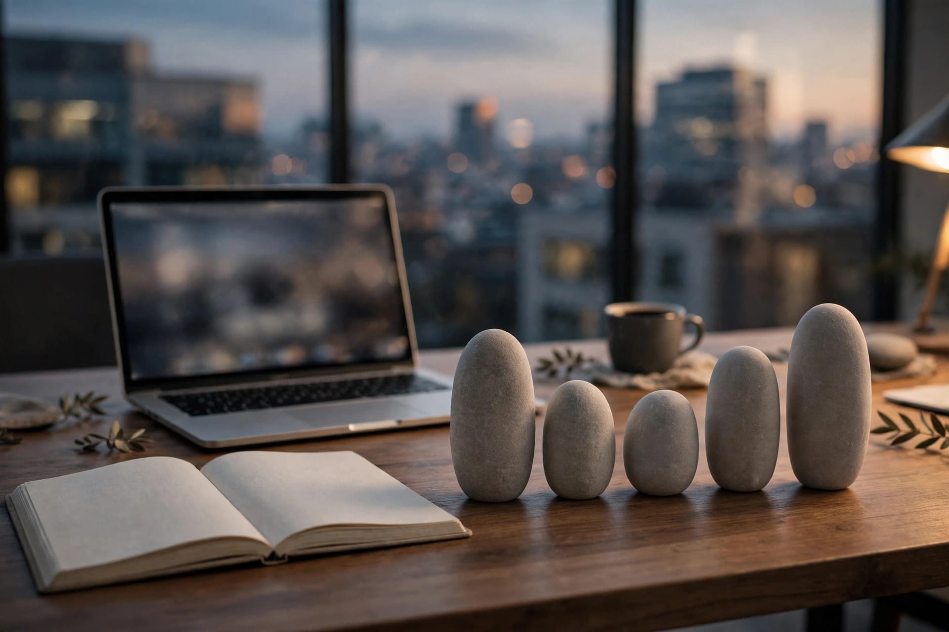 Desk with an open blank notebook, a laptop with a blurred screen, and five smooth stones in a row