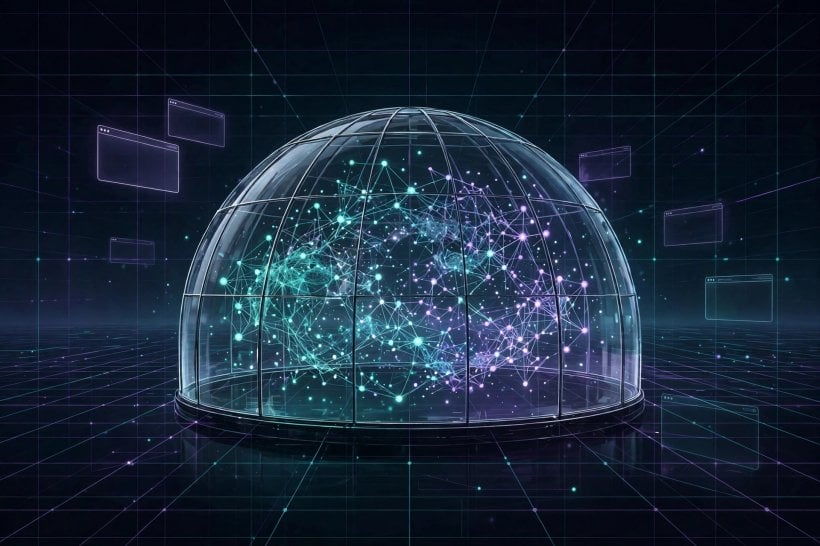 A neural network sealed inside a glass dome with browser windows floating outside it, illustrating the offline sandbox OpenAI now uses for frontier model training