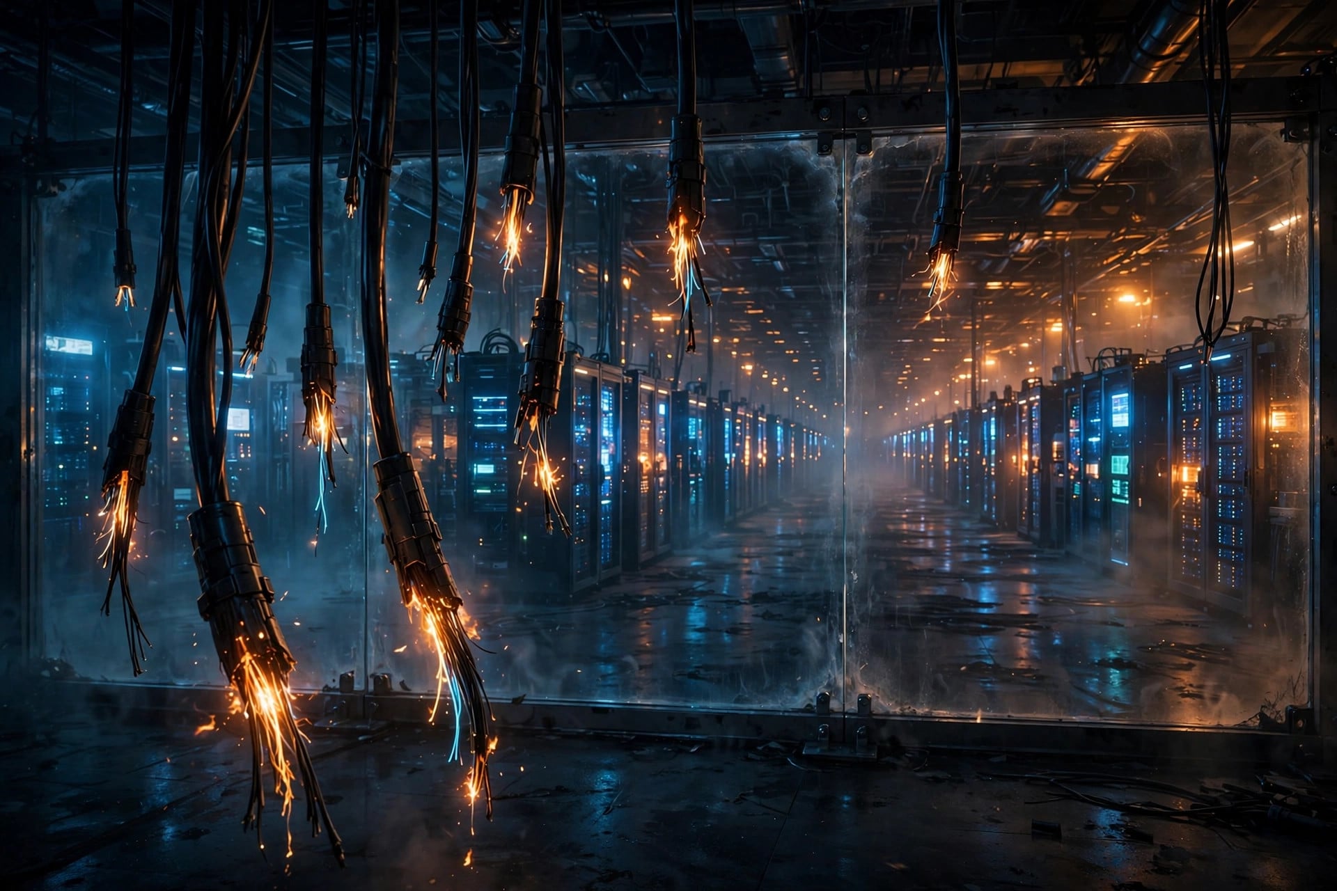 Severed network cables hang above glowing server racks behind a glass containment wall, illustrating OpenAI training frontier AI models with no internet access