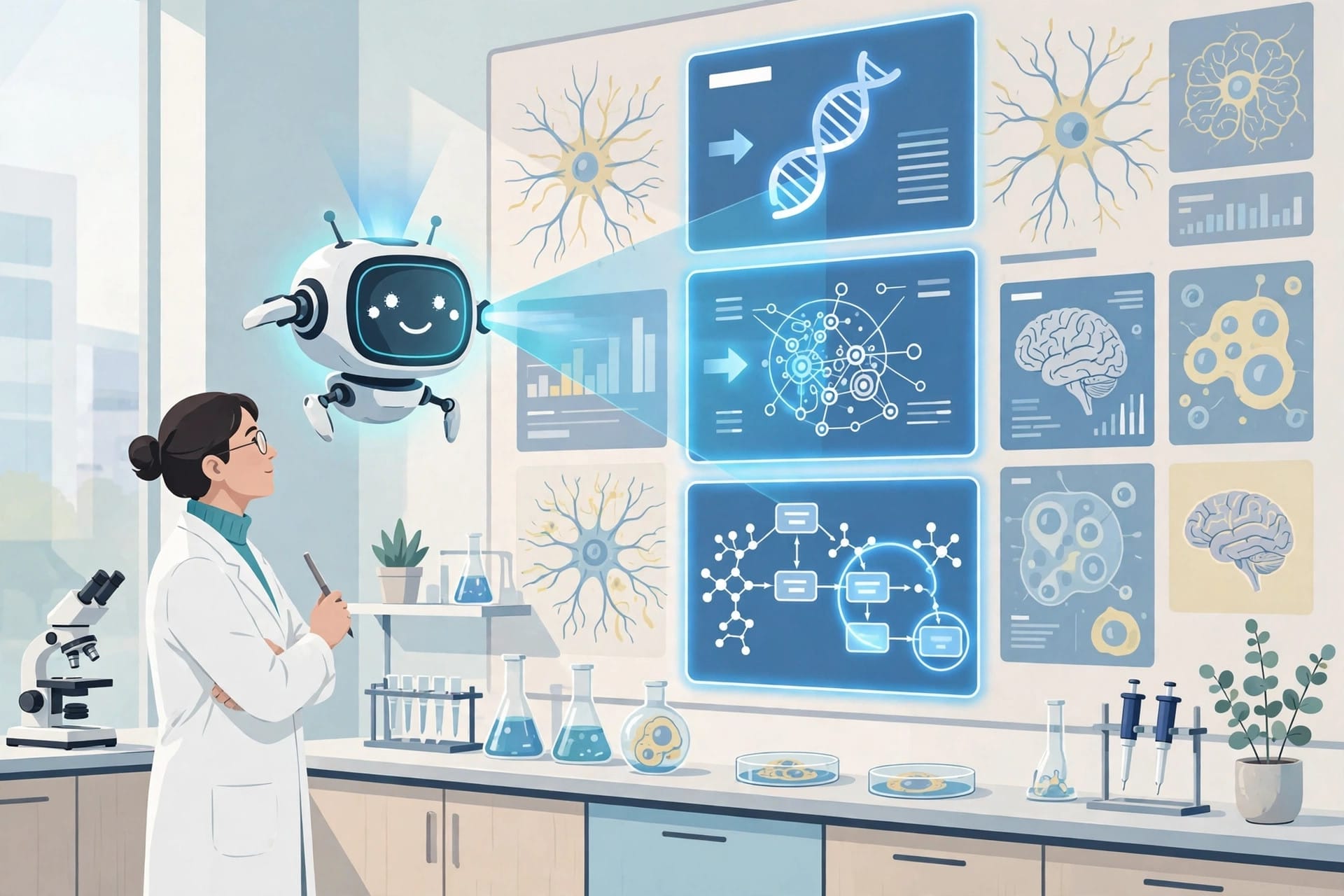 Scientist reviewing GPT-Rosalind agent findings on Tsc1, Tsc2 and DCTN1 in the mouse brain atlas