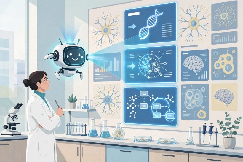 Scientist reviewing GPT-Rosalind agent findings on Tsc1, Tsc2 and DCTN1 in the mouse brain atlas