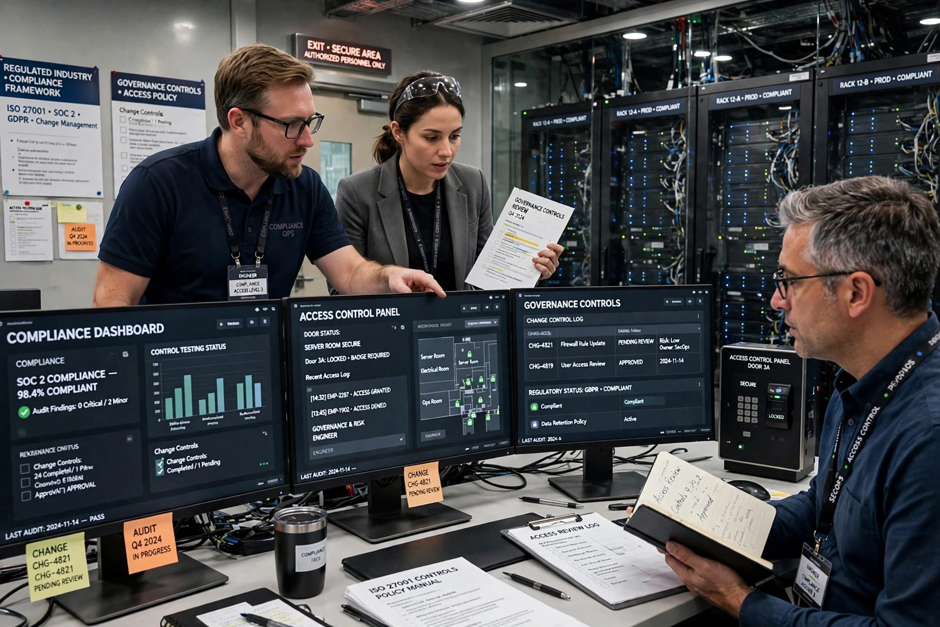 Data centre operations room with access controls and governance dashboards for regulated industries buying OpenAI models on Google Cloud