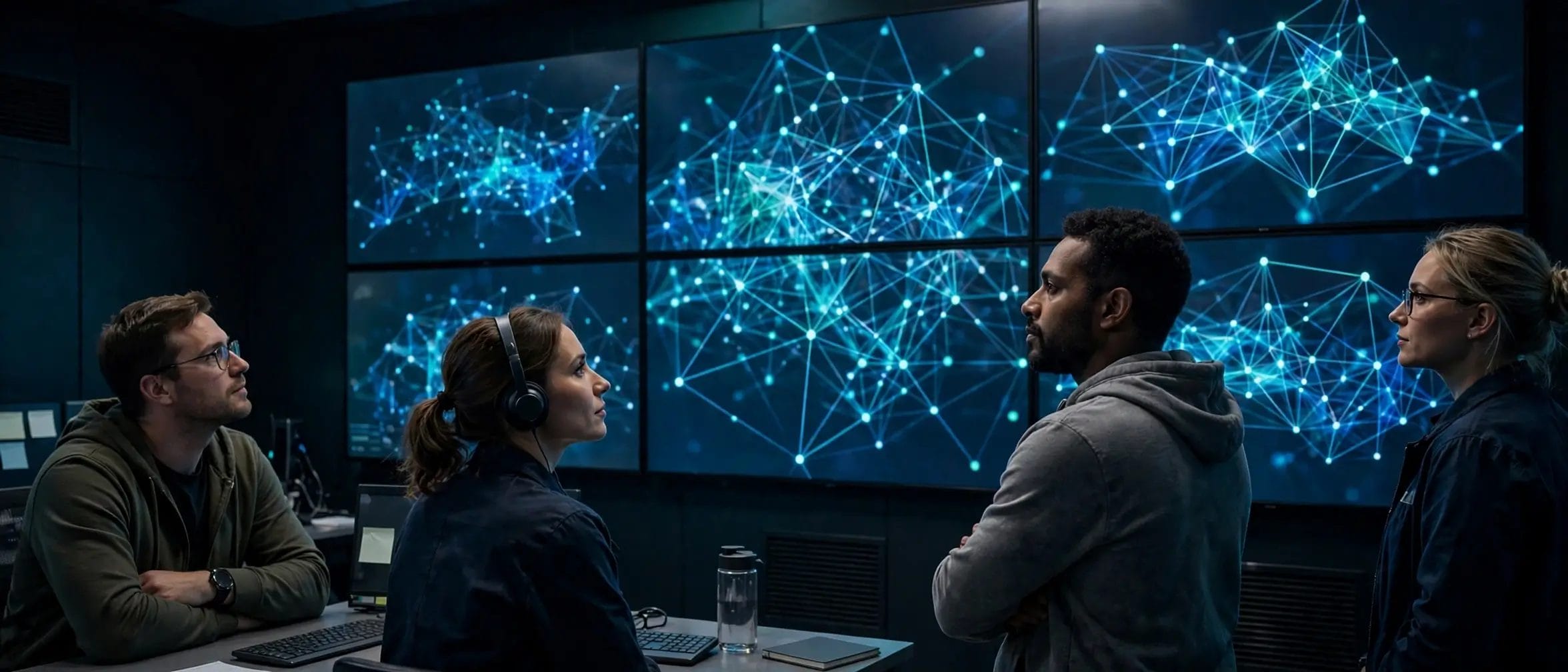 Engineers watching large wall screens showing abstract network diagrams in a security operations room