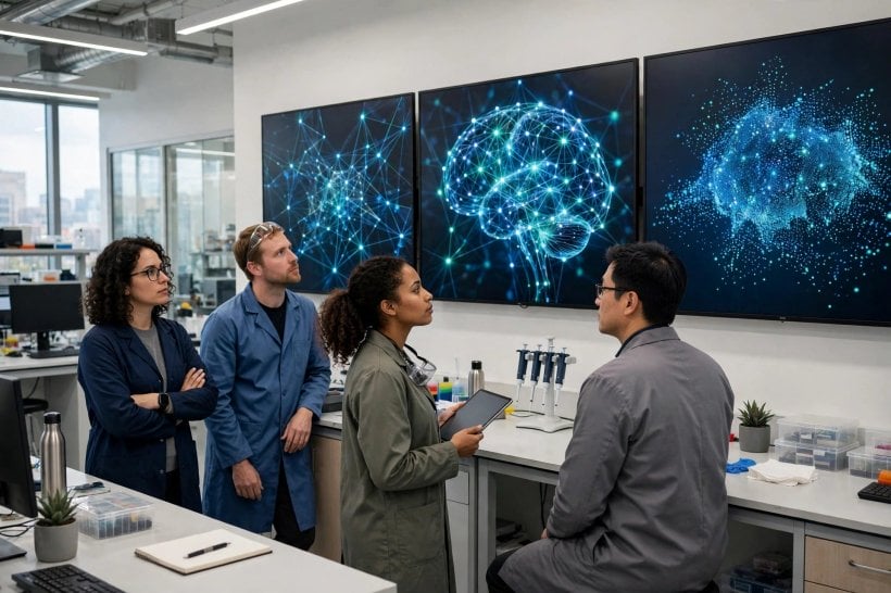 AI safety researchers evaluating an advanced AI system shown on laboratory wall monitors