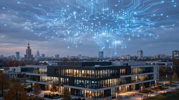 Modern Warsaw research building at dusk under a digital circuit sky, illustrating OpenAI and Poland NASK AI safety research partnership
