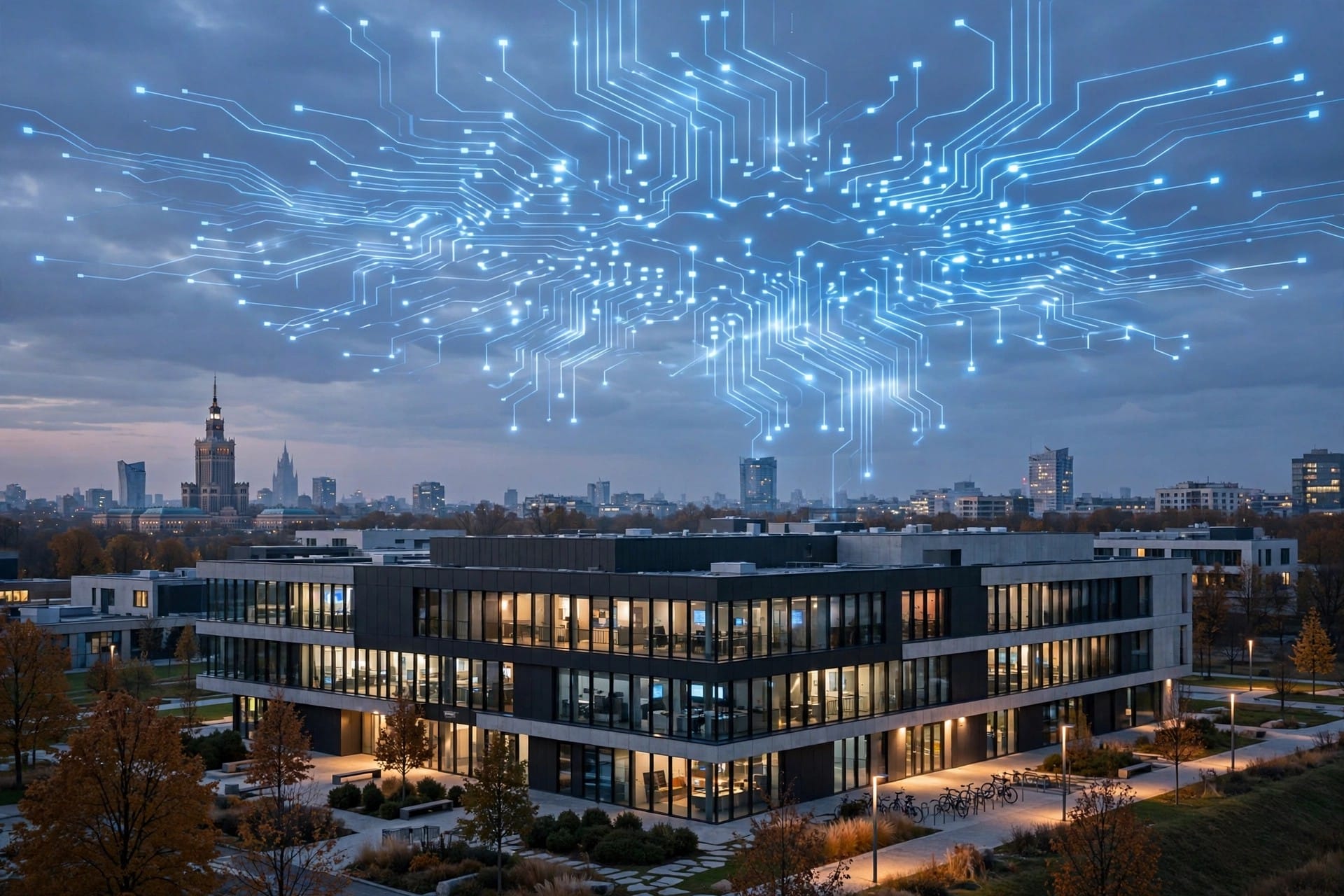 Modern Warsaw research building at dusk under a digital circuit sky, illustrating OpenAI and Poland NASK AI safety research partnership