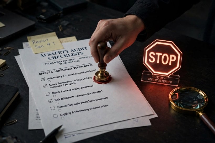 Hand stamping an AI safety audit checklist beside a glowing stop sign