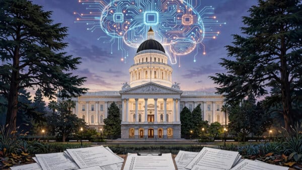 California state capitol at dusk with a glowing AI circuit-brain motif above it