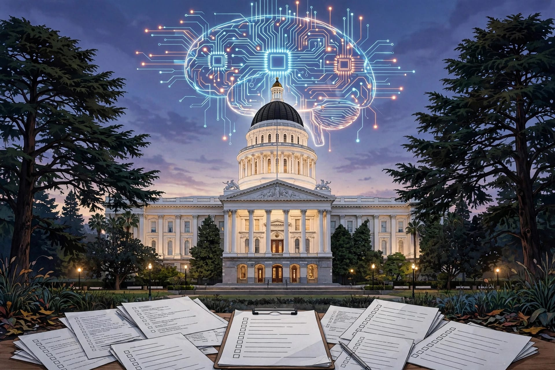 California state capitol at dusk with a glowing AI circuit-brain motif above it