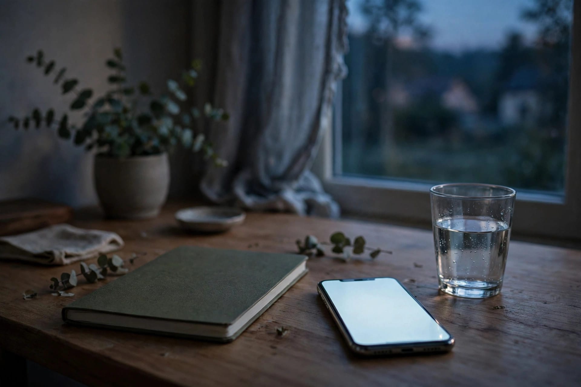 Quiet desk in evening light with a phone