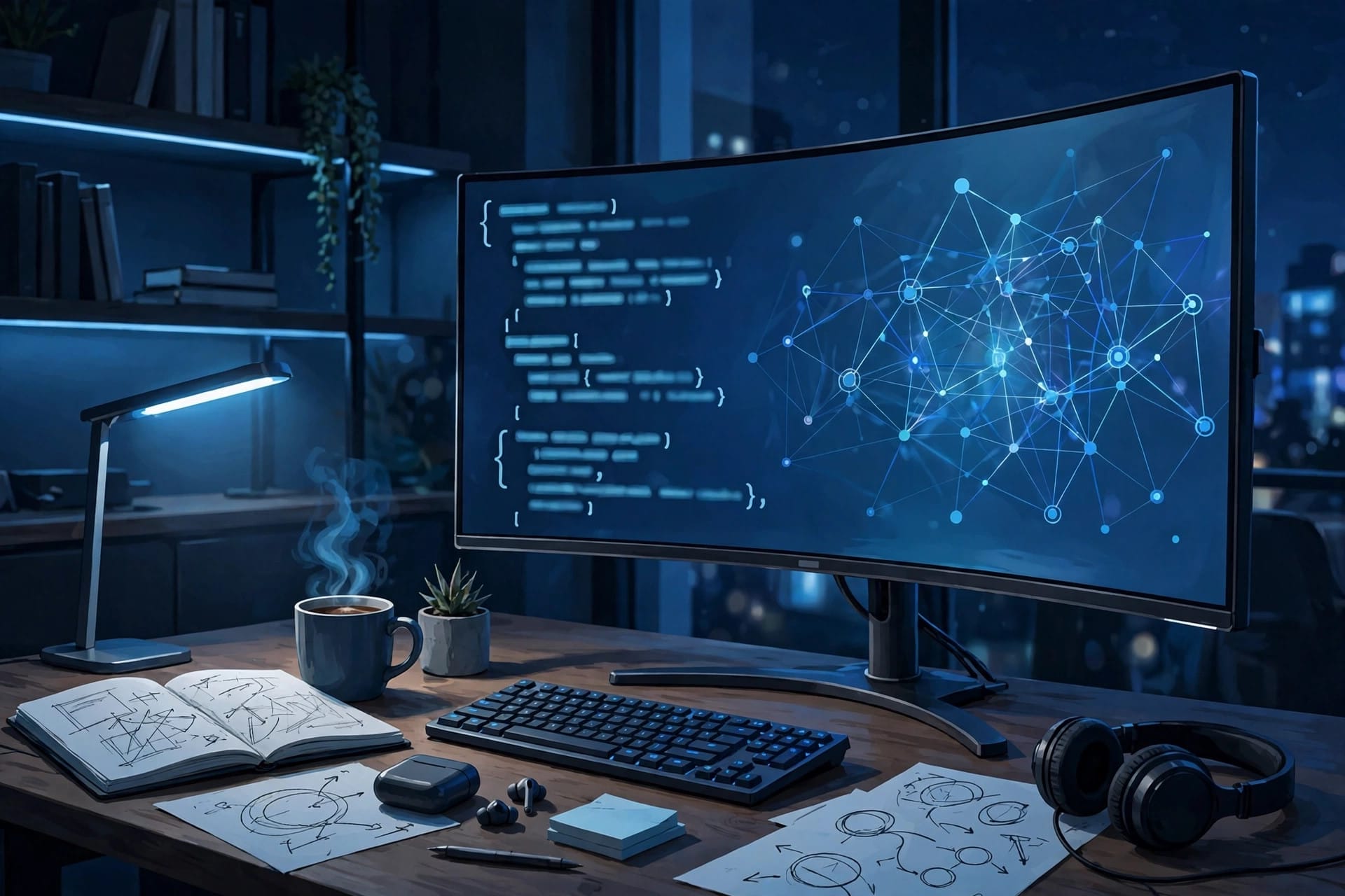 A developer workspace at night with a large monitor showing code and an AI panel