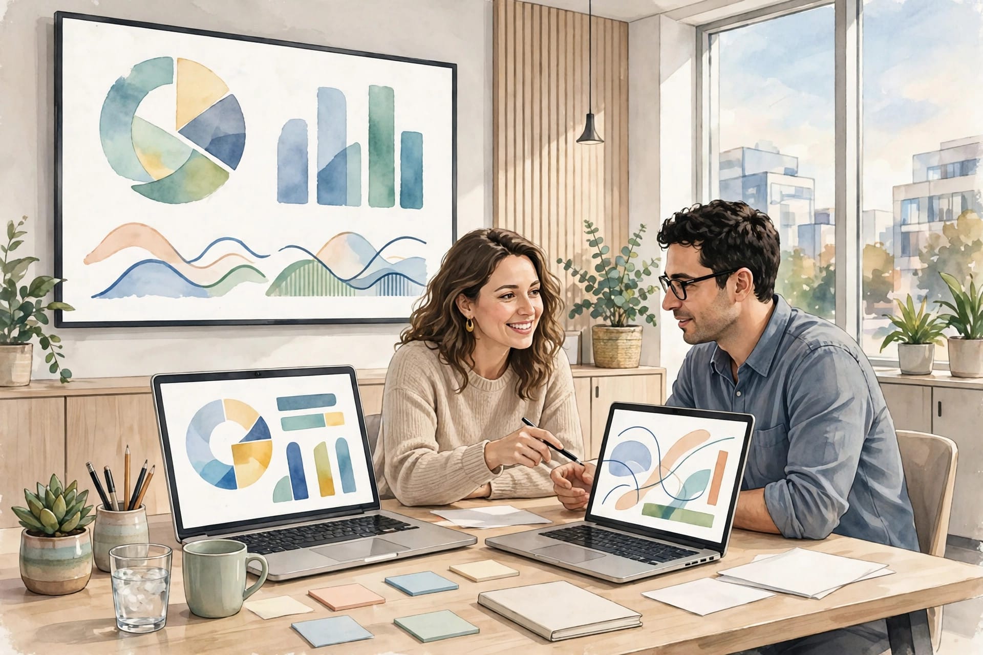 Two people collaborating at laptops in a bright office with charts on a wall screen