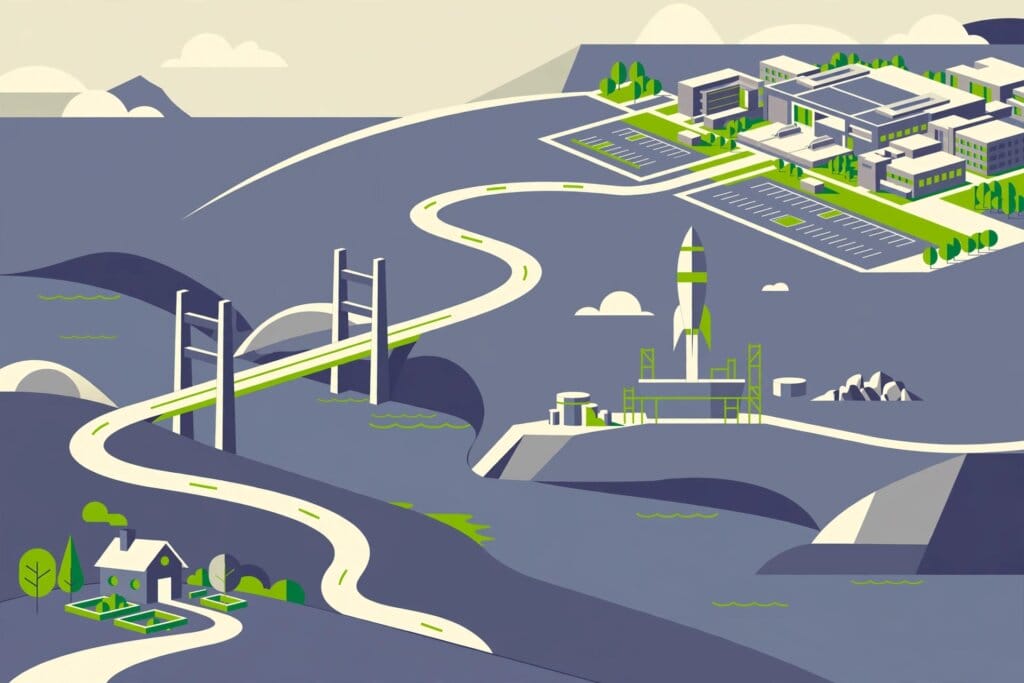 Illustration of OpenAI's journey as a winding road from a small research lab to a giant AI campus