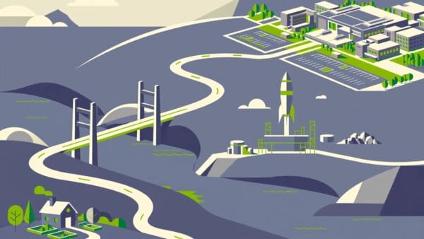 Illustration of OpenAI's journey as a winding road from a small research lab to a giant AI campus