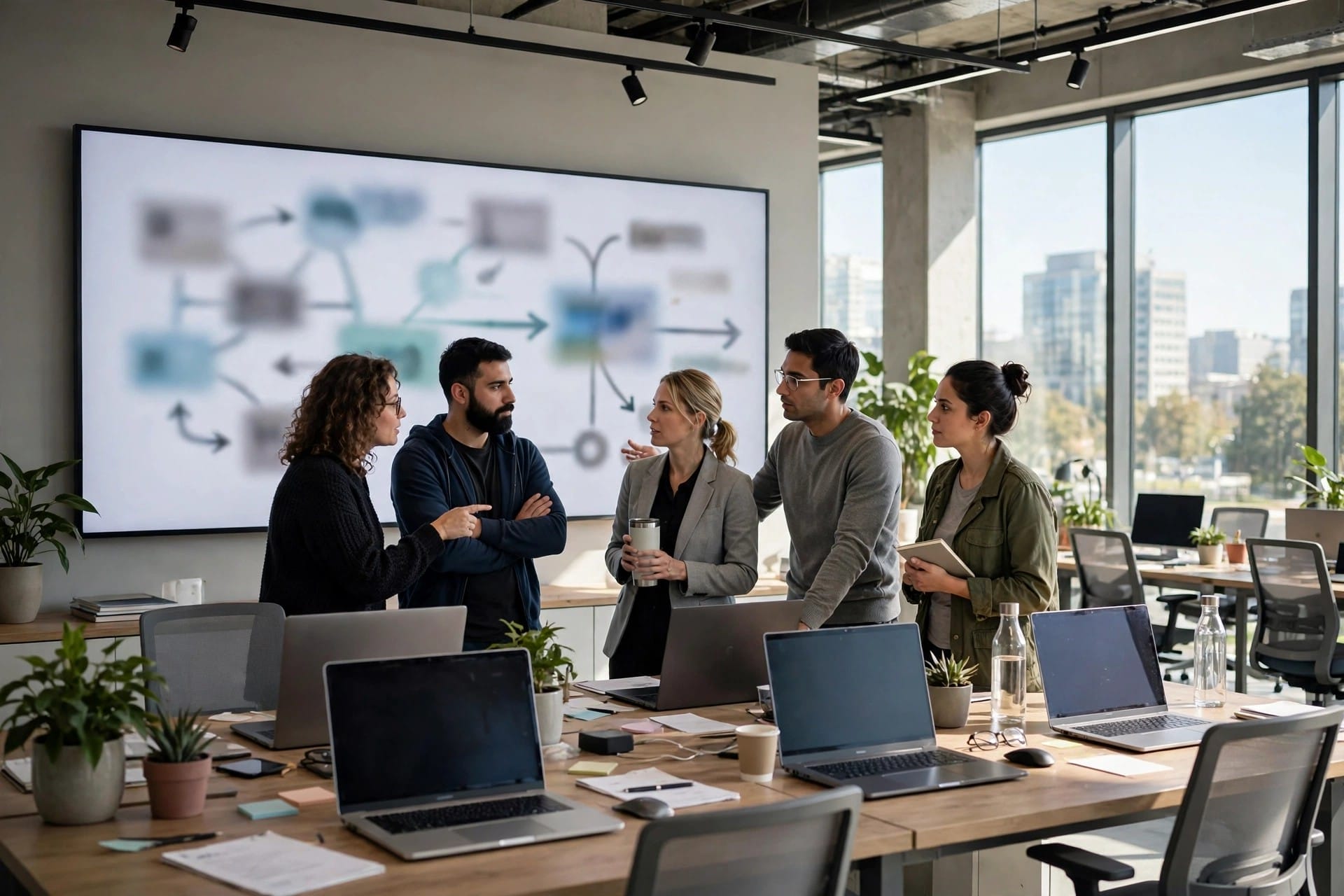 IT team discussing a blurred workflow diagram on a large office screen