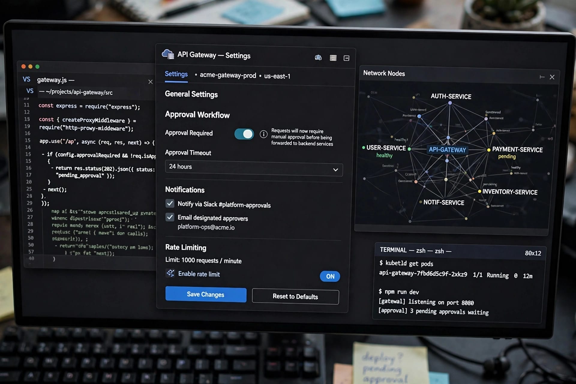 Developer screen showing an API gateway approval workflow for model access