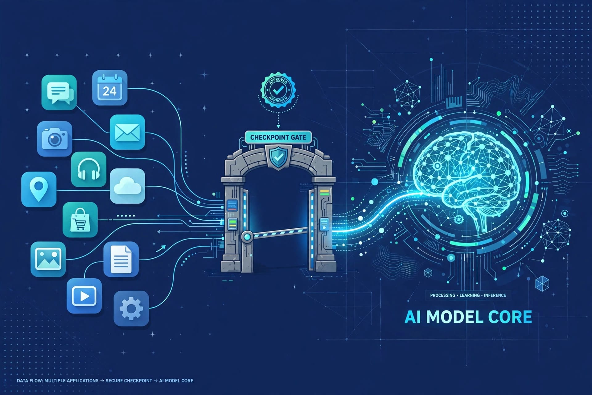 App icons routing through a checkpoint gate into a central AI model core