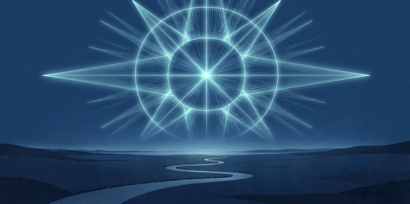 Glowing compass lines over a dark landscape with a winding path toward the horizon