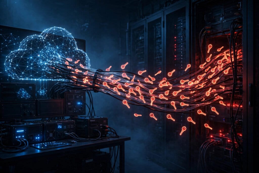 Glowing API keys being siphoned through network cables from a cloud console in a distillation attack