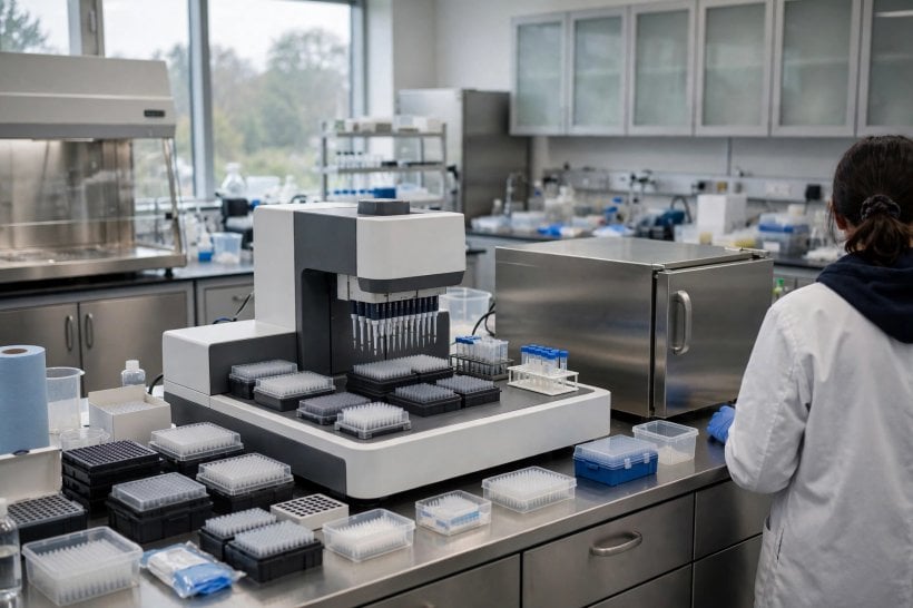A scientist workstation with lab automation equipment in a modern laboratory, face not identifiable